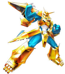 Rule 34 | abs, armor, claws, digimon, digimon (creature), digimon story: cyber sleuth, gauntlets, gold, gold armor, horns, magnamon, monster, muscular, no humans, official art, red eyes, royal knights, shoulder pads, simple background, solo, tail, yasuda suzuhito