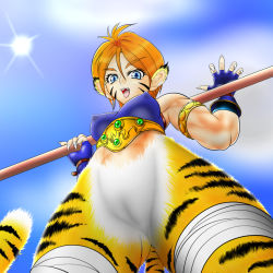 Rule 34 | animal ears, arms up, artist request, bottomless, breasts, breath of fire, breath of fire ii, cat ears, cat tail, covered erect nipples, facial mark, from below, no panties, rinpoo chuan, tail