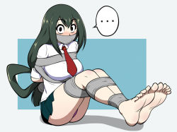 Rule 34 | 10s, 1girl, arms behind back, ass, asui tsuyu, barefoot, bdsm, boku no hero academia, bondage, bound, breasts, duct tape, feet, feet together, gag, gagged, green hair, jam-orbital, large breasts, long hair, miniskirt, panties, skirt, soles, solo, tape, toes, underwear