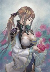 Rule 34 | 1girl, armor, breasts, brown eyes, brown hair, chinese clothes, cleavage, cleavage cutout, clothing cutout, duplicate, flower, hair ornament, harunoichi, holding, large breasts, long hair, looking down, official art, pauldrons, peony (flower), ponytail, sangoku musou 1, shin sangoku musou, shin sangoku musou 6, shoulder armor, solo, wang yuanji