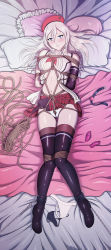 Rule 34 | 10s, 1girl, alisa ilinichina amiella, arms behind back, bdsm, bed sheet, beret, blue eyes, blush, bondage, boots, bound, breasts, chain, crotch rope, cuffs, dakimakura (medium), elbow gloves, frilled pillow, frills, full body, gloves, god eater, god eater 2: rage burst, hat, high heels, highres, knees together feet apart, long hair, looking at viewer, lying, midriff, miniskirt, navel, on back, on bed, panties, pantyshot, pillow, plaid, plaid skirt, reptileye, rope, shackles, shibari, skirt, solo, thigh boots, thighhighs, underboob, underwear, upskirt, white hair
