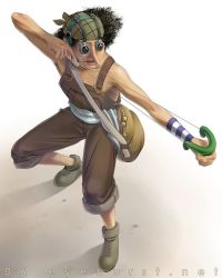 Rule 34 | 1boy, bag, bandana, black hair, fighting stance, full body, goggles, male focus, one piece, overalls, sash, slingshot (weapon), solo, standing, usopp, weapon