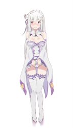 Rule 34 | 1girl, bare shoulders, blunt bangs, blush, boots, bow, braid, breasts, closed mouth, clothes lift, clothing cutout, crown braid, elf, embarrassed, emilia (re:zero), flower, frilled panties, frills, gem, gluteal fold, hair bow, hair flower, hair ornament, hair ribbon, highres, large breasts, lifted by self, long hair, looking away, panties, pointy ears, purple eyes, purple ribbon, re:zero kara hajimeru isekai seikatsu, ribbon, shoulder cutout, silver hair, simple background, skirt, skirt lift, thigh boots, thigh gap, thighhighs, underwear, very long hair, white background, white panties, white thighhighs