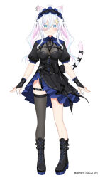 Rule 34 | 1girl, ahoge, animal ears, black bow, black dress, black footwear, black hairband, blue eyes, blush, boots, bow, breasts, bridal gauntlets, cat ears, cat girl, cat tail, closed mouth, colored eyelashes, commentary request, crescent, crescent hair ornament, cross-laced footwear, dress, ear piercing, eyebrows hidden by hair, frilled hairband, frills, full body, green eyes, grey thighhighs, hair ornament, hairband, komori kuzuyu, lace-up boots, medium breasts, mole, mole under mouth, multicolored hair, nekono yukino, official art, piercing, pink hair, pleated dress, puffy short sleeves, puffy sleeves, re:act, short eyebrows, short sleeves, simple background, single thighhigh, smile, solo, standing, tail, thick eyebrows, thighhighs, thighhighs under boots, two-tone hair, virtual youtuber, white background, white hair