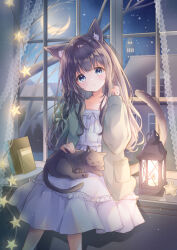 Rule 34 | 1girl, animal ears, blue eyes, book, breasts, brown hair, cat, cat ears, cat tail, commission, cropped head, cropped tail, curtains, dress, hand up, highres, hoshiibara mato, lamp, long hair, makeup, new moon, original, rouge (makeup), sitting, skeb commission, small breasts, smile, star (sky), tail, white dress, window