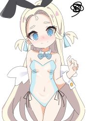 Rule 34 | 1girl, @ @, animal ears, blonde hair, blue archive, blue bow, blue bowtie, blue eyes, blue ribbon, blush, bow, bowtie, commentary request, detached collar, forehead, hair ribbon, highres, kapuru 0410, leotard, long hair, navel, playboy bunny, rabbit ears, ribbon, see-through, smile, solo, sora (blue archive), two side up, very long hair, white wings, wings, wrist cuffs