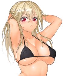 Rule 34 | 1girl, :&lt;, armpits, arms up, bikini, black bikini, blonde hair, blush, breasts, covered erect nipples, female focus, frown, hands on own head, large breasts, long hair, onsoku inu, red eyes, simple background, solo, swimsuit, white background