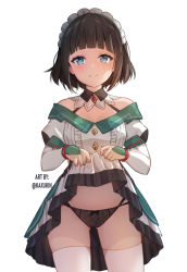 Rule 34 | 1girl, black hair, black panties, blue eyes, breasts, clothes lift, commentary, cowboy shot, detached collar, dress, english commentary, genshin impact, gluteal fold, headdress, highres, juliet sleeves, katheryne (genshin impact), kaxukin, lifted by self, lingerie, long sleeves, looking at viewer, medium breasts, multi-strapped panties, off shoulder, panties, puffy sleeves, short hair, simple background, skirt, skirt lift, smile, solo, string panties, thighhighs, thighs, underwear, white background, white dress, white thighhighs