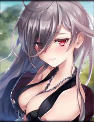 Rule 34 | 1girl, artist request, black jacket, black killers (phantom of the kill), blush, breasts, cleavage, eyes visible through hair, game cg, jacket, jewelry, laevateinn (phantom of the kill), large breasts, long hair, looking at viewer, necklace, official art, phantom of the kill, red eyes, silver hair, smile, solo