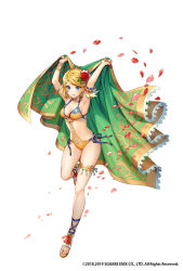 Rule 34 | 1girl, anklet, armlet, armpits, arms up, bare arms, bikini, blonde hair, blue eyes, blush, bracelet, breasts, choker, cleavage, collarbone, commentary request, diana (romancing saga), flower, full body, grin, hair flower, hair ornament, highres, jewelry, large breasts, leg up, looking at viewer, official art, one-piece swimsuit, petals, red flower, romancing saga, rose, saga, sandals, short hair, side-tie bikini bottom, smile, solo, swimsuit, taranboman, thighs, watermark, yellow bikini