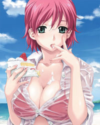 Rule 34 | 00s, 1girl, bikini, breasts, cake, cake slice, cleavage, day, doily, finger to mouth, food, green eyes, happoubi jin, iihara nao, large breasts, pastry, pink hair, resort boin, see-through, sexually suggestive, shirt, short hair, sleeves pushed up, solo, strawberry shortcake, sweat, swimsuit, tongue, wet, wet clothes, wet shirt