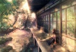 Rule 34 | 1girl, architecture, arm support, barefoot, blue skirt, brown hair, closed eyes, closed mouth, commentary, crossed legs, cup, dappled sunlight, east asian architecture, food, forest, fruit, hair between eyes, highres, house, long hair, nature, original, pleated skirt, sakurako (user tksr8842), scenery, shirt, short sleeves, sitting, skirt, sleeping, solo, summer, sunlight, tree, watermelon, watermelon slice, white shirt