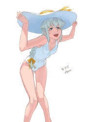Rule 34 | 1girl, azusa (hws), blue eyes, braid, breasts, casual one-piece swimsuit, cleavage, grey hair, hair ribbon, hand on headwear, hat, large hat, leaning forward, long hair, one-piece swimsuit, original, ribbon, simple background, single braid, small breasts, smile, solo, sun hat, swimsuit, thigh gap, thighs, white background, white hair, white one-piece swimsuit