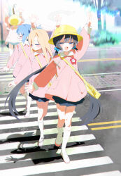 4girls :d absurdres arm_up bag black_hair blonde_hair blue_archive blue_eyes blue_hair blue_skirt bm_tol brown_hair chromatic_aberration closed_eyes crosswalk fang flower_pin grey_halo hair_bobbles hair_ornament halo hat highres jumping kindergarten_bag kindergarten_uniform kisaki_(blue_archive) kisaki_(kindergarten_uniform)_(blue_archive) long_hair low_twintails multiple_girls name_tag open_mouth pink_shirt pleated_skirt pocket road school_hat shirt skirt sleeve_cuffs smile twintails walking white_footwear yellow_bag yellow_hat