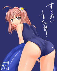 Rule 34 | 00s, 1girl, ahoge, antenna hair, ass, bare shoulders, bent over, blue background, blush, female focus, from behind, hair ornament, innertube, itou ryuusei, looking at viewer, looking back, m.o.m.o., one-piece swimsuit, open mouth, pink eyes, pink hair, sanbi, school swimsuit, shiny skin, short hair, simple background, solo, swim ring, swimsuit, xenosaga