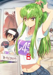 Rule 34 | 1girl, 2boys, black hair, bottle, breasts, c.c., cleavage, closed eyes, code geass, collarbone, creayus, from behind, green hair, hair between eyes, hand fan, hand in own hair, holding, holding bottle, indoors, kururugi suzaku, lelouch vi britannia, long hair, low ponytail, mouth hold, multiple boys, navel, novel (object), parted lips, shirt, short hair, short sleeves, sidelocks, sitting, standing, sweatdrop, upper body, white shirt, yellow eyes
