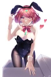 Rule 34 | 1girl, absurdres, amanoru mozuku, animal ears, bare shoulders, black leotard, blush, bow, bowtie, box, breasts, cleavage, core crystal (xenoblade), covered navel, detached collar, drop earrings, earrings, fake animal ears, fishnet pantyhose, fishnets, gift, gift box, heart, highres, in box, in container, jewelry, large breasts, leaning forward, leotard, looking at viewer, pantyhose, parted lips, playboy bunny, pyra (xenoblade), rabbit ears, red bow, red bowtie, red eyes, red hair, red nails, short hair, solo, strapless, strapless leotard, swept bangs, tiara, white background, wing collar, wrist cuffs, xenoblade chronicles (series), xenoblade chronicles 2