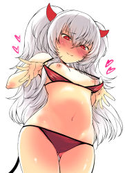 Rule 34 | 1girl, bikini, blush, breasts, commentary request, cowboy shot, dark persona, flashing, gluteal fold, grim aloe, hair between eyes, horns, long hair, looking at viewer, navel, nipples, nose blush, quiz magic academy, quiz magic academy the world evolve, red bikini, red eyes, silver hair, simple background, small breasts, smile, solo, sweatdrop, swimsuit, thigh gap, twintails, white background, yuu (kfc)