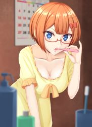 Rule 34 | 1girl, blue eyes, blurry foreground, bokutachi wa benkyou ga dekinai, bottle, bow, breasts, brushing teeth, calendar (object), cleavage, collarbone, dress, glasses, hair bow, highres, indoors, leaning forward, looking at viewer, ogata rizu, red bow, shaito, short hair, solo, standing, toothbrush, yellow dress