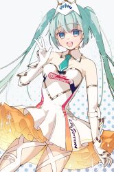 Rule 34 | 1girl, blue eyes, blue hair, blue necktie, breasts, crypton future media, detached collar, dress, elbow gloves, gloves, goodsmile racing, hatsune miku, highres, logo, long hair, looking at viewer, necktie, open mouth, orange skirt, racing miku, racing miku (2015), rashu kaito, short necktie, skirt, small breasts, smile, solo, thighhighs, twintails, v, very long hair, vocaloid, white dress, white gloves, white thighhighs