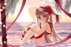 Rule 34 | 1girl, angelica (k3lly), bell, bikini, blunt bangs, brown eyes, brown hair, commentary, english commentary, flower, gloves, hand on own knee, hat, hat flower, highres, jingle bell, k3lly, light blush, long hair, looking at viewer, original, outdoors, red bikini, red flower, red gloves, red ribbon, ribbon, sitting, smile, solo, striped clothes, striped thighhighs, sun, swimsuit, thighhighs, twitter username, water, white hat, white thighhighs