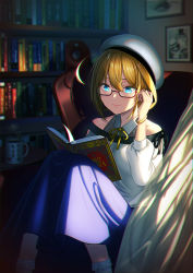 Rule 34 | 1girl, abyssal ship, ahoge, bare shoulders, blonde hair, blue eyes, blue skirt, bobby socks, book, book stack, bookshelf, bracelet, closed mouth, coffee mug, commentary request, cup, curtains, day, drawing (object), enemy lifebuoy (kancolle), glasses, hair between eyes, hand up, hat, holding, holding book, i-8 (kancolle), indoors, jewelry, kantai collection, lips, long sleeves, mug, picture frame, red-framed eyewear, ribbon, semi-rimless eyewear, sitting, skirt, smile, socks, solo, under-rim eyewear, unowen, white hat, white socks, yellow neckwear, yellow ribbon