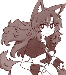 Rule 34 | 1girl, :3, animal ear fluff, animal ears, blush, breasts, brooch, collarbone, commentary, dress, english commentary, greyscale, hair between eyes, imaizumi kagerou, jewelry, long hair, long sleeves, looking at viewer, medium breasts, monochrome, simple background, skirt hold, sleeves past wrists, smile, solo, tail, touhou, upper body, white background, wolf ears, wolf tail, wool (miwol)