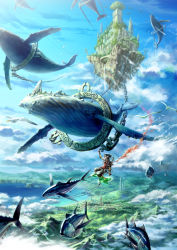 Rule 34 | 1boy, castle, chain, city, cloud, fish, floating island, flying fish, flying whale, lake, landscape, original, oropi, scenery, sky, tower, whale