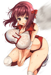 Rule 34 | 10s, 1girl, ass, bouncing breasts, breasts, brown eyes, brown hair, buruma, cleavage, commentary request, crop top, elbow pads, full body, girls und panzer, headband, impossible clothes, impossible shirt, knee pads, kondou taeko, large breasts, legs, midriff, motion blur, no bra, open mouth, own hands together, ponytail korosuke, red buruma, red headband, red shirt, red socks, see-through, shirt, shoes, short hair, sleeveless, sleeveless shirt, sneakers, socks, solo, sportswear, squatting, sweat, thighs, volleyball uniform, wet, wet clothes, white background, white footwear