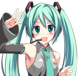 Rule 34 | 1girl, :d, aqua eyes, aqua hair, detached sleeves, hatsune miku, headset, looking at viewer, natsu (anta tte hitoha), necktie, open mouth, simple background, smile, solo, twintails, vocaloid, white background