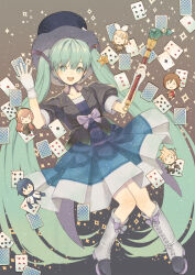 Rule 34 | aqua hair, black jacket, blue dress, boots, bow, card, commentary, cross-laced footwear, dress, gloves, hat, hatsune miku, highres, jacket, kagamine len, kagamine rin, kaito (vocaloid), knee boots, long hair, magical mirai (vocaloid), magical mirai miku, magical mirai miku (2013), megurine luka, meiko (vocaloid), original-orange-610917, playing card, purple bow, top hat, twintails, very long hair, vocaloid, wand, white gloves