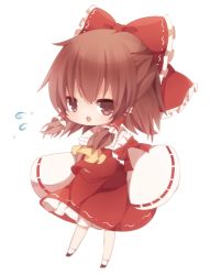 Rule 34 | 1girl, ari, ascot, bad id, bad pixiv id, bow, brown eyes, brown hair, chibi, detached sleeves, flying sweatdrops, hair bow, hair tubes, hakurei reimu, open mouth, simple background, skirt, solo, touhou, white background