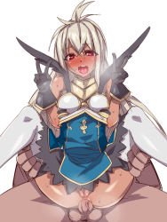 Rule 34 | 1boy, 1girl, anal, anus, bad id, bad pixiv id, bare shoulders, black gloves, blush, breasts, breath, brll, censored, clothed sex, commentary request, crossed bangs, dark skin, double v, erection, fantasy, furrowed brow, gloves, gold trim, granblue fantasy, grey hair, half-closed eyes, hands up, heart, heart-shaped pupils, hetero, highres, large penis, large testicles, long hair, looking at viewer, mosaic censoring, open mouth, penis, pussy, red eyes, reverse suspended congress, sex, sex from behind, small breasts, solo focus, symbol-shaped pupils, testicles, textless version, tongue, v, white background, zooey (granblue fantasy)