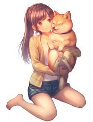 Rule 34 | 1girl, ^ ^, barefoot, blush, brown eyes, brown hair, cardigan, closed eyes, collarbone, dog, closed eyes, full body, long hair, nishizawa, open cardigan, open clothes, original, ponytail, shirt, simple background, sitting, sleeves past wrists, smile, solo, tongue, tongue out, wariza, white background, white shirt