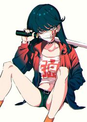 Rule 34 | 1girl, black choker, black eyes, black hair, black jacket, black nails, blood, blood on face, choker, collarbone, commentary request, ear piercing, earrings, gradient jacket, hand in pocket, holding, holding sword, holding weapon, jacket, jewelry, katana, kuchisake-onna, looking at viewer, mask, medium hair, mouth mask, multicolored clothes, multicolored jacket, multiple piercings, nail polish, open clothes, open jacket, original, piercing, red jacket, sharp teeth, short shorts, shorts, simple background, sitting, solo, spiked choker, spikes, spread legs, sword, tank top, teeth, thighs, two-tone jacket, urkt 10, weapon, white background
