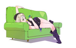 Rule 34 | 1girl, aa-12 (girls&#039; frontline), bandages, beret, blonde hair, blue eyes, breasts, buckle, candy, cleavage, couch, food, forehead, girls&#039; frontline, gz (gzdteee), hat, licking, lollipop, looking at viewer, lying, on back, purple legwear, shorts, snap-fit buckle, tongue, tongue out