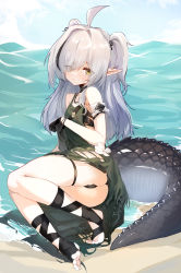 Rule 34 | 1girl, absurdres, ahoge, arknights, beach, black gloves, black panties, blush, crocodilian tail, eyes visible through hair, flower, gloves, green hair, green shirt, grey hair, hair over one eye, highres, leg wrap, long hair, looking at viewer, lying, multicolored hair, official alternate costume, on side, panties, partially visible vulva, peanut huasheng, pointy ears, sand, shirt, solo, streaked hair, tail, tomimi (arknights), two side up, underwear, water, white flower, yellow eyes