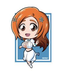 Rule 34 | 1girl, bleach, bleach: sennen kessen-hen, boots, breasts, brown eyes, chibi, cleavage, cleavage cutout, clothing cutout, hair ornament, hazvalt, highres, inoue orihime, large breasts, long hair, looking at viewer, midriff, navel, open mouth, orange hair, puffy sleeves, shirt, skirt, smile, snowflake hair ornament, standing, white background, white footwear, white shirt, white skirt
