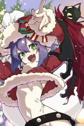Rule 34 | 1girl, absurdres, alternate costume, animal, arched back, arm up, arms up, belt, black belt, breasts, bright pupils, cape, cat, christmas, christmas tree, clothed animal, commentary request, covered navel, cropped jacket, facial mark, fang, fur-trimmed headwear, fur-trimmed jacket, fur-trimmed sleeves, fur trim, green eyes, hat, highres, holding, holding sack, horizontal pupils, jacket, john doe (yumekui merry), leotard, long hair, long sleeves, looking at viewer, merry nightmare, pointy ears, pun, purple hair, red cape, red jacket, ribs, sack, santa costume, santa hat, small breasts, smile, solo, upper body, ushiki yoshitaka, white leotard, white pupils, yumekui merry