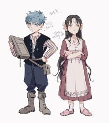 Rule 34 | 1boy, 1girl, amidura, ankle socks, apron, belt pouch, black hair, black vest, blue eyes, blue pants, book, boots, brown footwear, chest tattoo, closed mouth, commentary, crossed arms, dress, dungeon meshi, fate/grand order, fate (series), forehead tattoo, full body, grey shirt, halfling, hand on own hip, hans christian andersen (fate), highres, holding, holding book, knee boots, korean commentary, korean text, large ears, long hair, long sleeves, looking afar, looking at viewer, looking to the side, pants, parted bangs, parted lips, pink dress, pink footwear, pouch, sessyoin kiara, sessyoin kiara (lily), shirt, short hair, simple background, sleeves past elbows, socks, standing, striped clothes, striped shirt, tattoo, translation request, two-tone shirt, vertical-striped clothes, vertical-striped shirt, very long hair, vest, white apron, white background, white shirt, white socks, yellow eyes