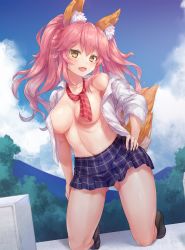 Rule 34 | 10s, 1girl, :d, animal ear fluff, animal ears, black socks, blue skirt, blue sky, blush, breasts, chaou, cloud, collarbone, collared shirt, commentary, covered erect nipples, day, dress shirt, dutch angle, fang, fate/extella, fate/extra, fate (series), fingernails, floating hair, fox ears, fox tail, full body, gluteal fold, hair between eyes, hand on own hip, head tilt, highres, kneeling, large breasts, long hair, long sleeves, looking at viewer, mountain, navel, no bra, no shoes, off shoulder, official alternate costume, open mouth, outdoors, pink hair, plaid, plaid skirt, pleated skirt, red neckwear, school uniform, shiny skin, shirt, sidelocks, single bare shoulder, skirt, sky, smile, socks, solo, tail, tamamo (fate), tamamo no mae (jk) (fate), thighs, tree, twintails, unbuttoned, yellow eyes