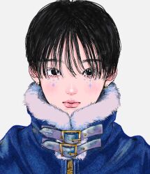 Rule 34 | 1boy, artist name, belt, black belt, black eyes, black hair, blue coat, closed mouth, coat, commentary, dated, earrings, fur-trimmed coat, fur trim, grey background, hair between eyes, highres, jewelry, looking at viewer, male focus, original, short hair, signature, simple background, solo, symbol-only commentary, upper body, yoshino ganko