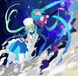 Rule 34 | 1girl, back-to-back, black gloves, black pantyhose, blue dress, blue eyes, blue hair, blue nails, blue pantyhose, blush, book, bridal gauntlets, circlet, coat, dress, dual persona, elbow gloves, full body, gloves, green eyes, green hair, grey coat, hat, hatsune miku, high heels, highres, holding, leg warmers, long hair, looking at viewer, looking back, nail polish, open book, pantyhose, quill, shawl, shoes, space, star (symbol), striped clothes, striped legwear, striped pantyhose, tassel, twintails, ushi (newrein), vertical-striped clothes, vertical-striped pantyhose, very long hair, vocaloid, white footwear, white hat, yuki miku, yuki miku (2017) (applicant), yuki miku (2017) (candidate no.6)