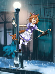 Rule 34 | 1girl, animal ears, commentary request, crown, closed eyes, frilled skirt, frills, holding, holding umbrella, horse ears, horse girl, horse tail, horseshoe ornament, lamppost, mini crown, open mouth, orange hair, parody, partial commentary, pleated skirt, puffy short sleeves, puffy sleeves, purple shirt, sailor collar, sailor shirt, scene reference, school uniform, serafuku, shirt, short hair, short sleeves, singin&#039; in the rain, skirt, solo, summer uniform, t.m. opera o (umamusume), tail, tenten (chan4545), thighhighs, tracen school uniform, umamusume, umbrella, white skirt, white thighhighs