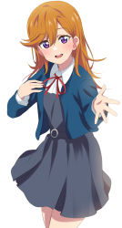 Rule 34 | 1girl, :d, blue jacket, blush, brown hair, collared shirt, cowboy shot, dars (recolors), dress, grey dress, hair between eyes, highres, jacket, long hair, long sleeves, looking at viewer, love live!, love live! superstar!!, neck ribbon, open clothes, open jacket, open mouth, pinafore dress, purple eyes, red ribbon, ribbon, school uniform, shibuya kanon, shirt, short dress, simple background, sleeveless dress, smile, solo, standing, straight hair, white background, white shirt, wing collar, yuigaoka school uniform