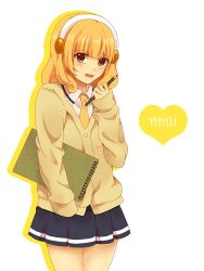 Rule 34 | 10s, 1girl, aco (brcl97), blonde hair, brown eyes, cardigan, character name, hairband, kise yayoi, necktie, pencil, precure, school uniform, short hair, shy, sketchbook, smile precure!, solo, tears, white background, white hairband