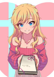 Rule 34 | 1girl, absurdres, bare shoulders, blonde hair, blue eyes, blush, breasts, cleavage, collarbone, green background, heart, heart necklace, highres, holding, idolmaster, idolmaster cinderella girls, jewelry, large breasts, long hair, long sleeves, looking at viewer, mmmx (fittails), necklace, off-shoulder sweater, off shoulder, ohtsuki yui, open mouth, pink background, red sweater, ribbon, skirt, smile, solo, striped clothes, striped sweater, sweater, white background