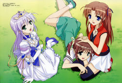 Rule 34 | 3girls, :d, ahoge, arm support, asagiri mai, bare shoulders, belt, black legwear, blue eyes, bow, bracelet, breast rest, breasts, brooch, brown hair, cleavage, crown, detached collar, dress, duplicate, elbow gloves, feathers, feena fam earthlight, field, frilled dress, frills, gem, gloves, grass, green eyes, grey eyes, hair ribbon, hand on another&#039;s head, high collar, high heels, holding own arm, jewelry, lace, lace-trimmed dress, lace trim, lap pillow, long hair, looking at viewer, looking back, lying, magazine scan, medium breasts, megami magazine, miniskirt, multiple girls, necklace, official art, on ground, on side, open mouth, own hands together, pantyhose, parted bangs, ribbon, scan, seiza, shirt, shoes, short dress, short hair, short twintails, sidelocks, silver hair, sitting, skirt, sleeveless, sleeveless shirt, smile, sneakers, socks, striped, takamizawa natsuki, thighhighs, tiptoes, turtleneck, twintails, two side up, very long hair, watanabe yoshihiro, white legwear, yoake mae yori ruri iro na, yokozuwari, zettai ryouiki