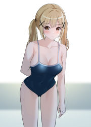 Rule 34 | 1girl, :c, absurdres, arm at side, arm behind back, armpit crease, bang dream!, bare arms, bare shoulders, blonde hair, blue one-piece swimsuit, blurry, blurry background, blush, breasts, brown eyes, cleavage, closed mouth, collarbone, commentary request, covered navel, cowboy shot, hair ornament, highres, ichigaya arisa, large breasts, leaning forward, long hair, looking at viewer, one-piece swimsuit, ptal, school swimsuit, solo, standing, swimsuit, thighs, twintails, white background, x hair ornament