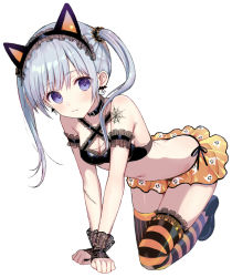 Rule 34 | 1girl, all fours, animal ears, asymmetrical legwear, bare shoulders, black footwear, black hairband, blue hair, blush, cat ears, closed mouth, commentary request, criss-cross halter, crop top, earrings, fake animal ears, frilled hairband, frills, full body, hair between eyes, hairband, halloween, halterneck, head tilt, jewelry, long hair, looking at viewer, mismatched legwear, orange skirt, original, pleated skirt, purple eyes, see-through, shoes, simple background, skirt, solo, striped clothes, striped thighhighs, thighhighs, twintails, vertical-striped clothes, vertical-striped thighhighs, white background, wrist cuffs, yuuki rika